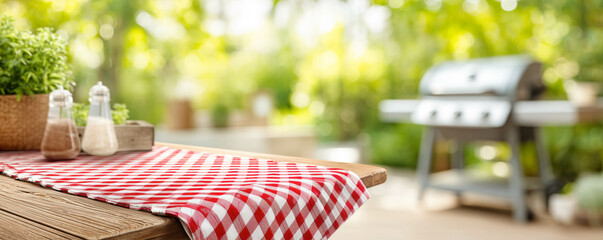 Wooden table with red checkered cloth in backyard garden with grill and BBQ. Back yard party and weekend concept.