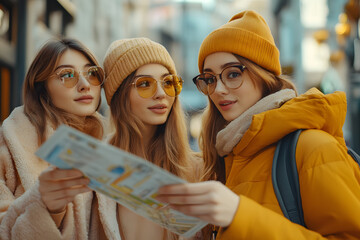 Fun, friends, travel and tourism concept. Beautiful girls looking for direction in the city