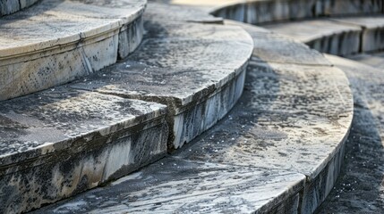 Ancient Greek theater stone seats, close-up, worn semicircle seating layout, gray-white marble with time stains