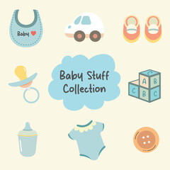 Cute baby stuff nursery children object collection set. Vector hand drawn doodle illustration cartoon clip art. Pacifier, bottle, shoes, toy, baby nib