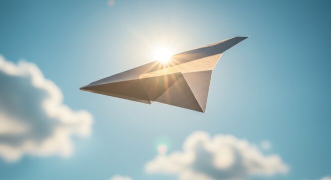 Paper Airplane Flying in Blue Sky - Illustration - Powered by Adobe