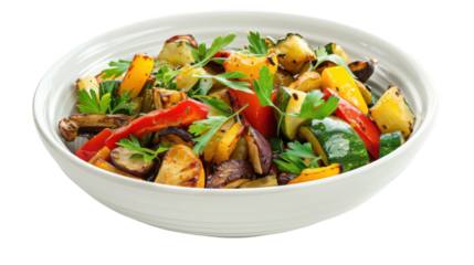 Colorful assortment of grilled vegetables in a bowl, garnished with parsley, ideal for healthy meals