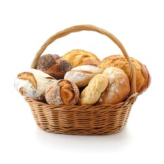 A Woven Basket Filled With Freshly Baked Bread Assortment At The White Background