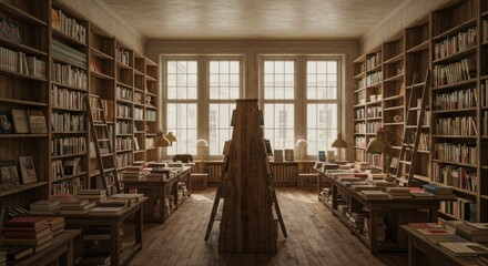 Obraz premium Classic Library Interior with Bookshelves and Reading Tables, Illustration