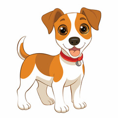 A happy Jack Russell Terrier puppy with brown and white markings and an orange collar stands with its tongue out with white background