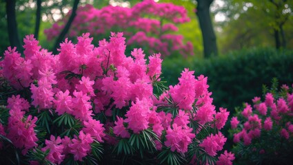 Trees in the background with vibrant pink azalea bushes in full bloom