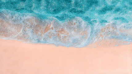 Beautiful abstract aerial top-down view of a turquoise ocean wave with white foam washing over a serene pink sand beach, a perfect summer background