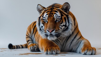 Obraz premium Tiger in a prone position revealing its teeth, against a white surface