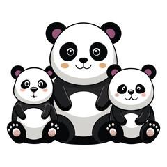Obraz premium A heartwarming scene of three pandas of different sizes sitting together with white background