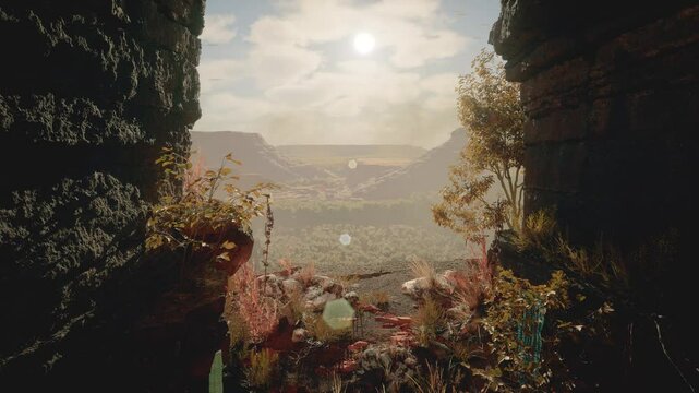 First person view of flying through a narrow stone crevice and off the steep ledge, over a mountainous forest-covered landscape. Fake gaming cinematic scene of flying through the canyon to mountains.