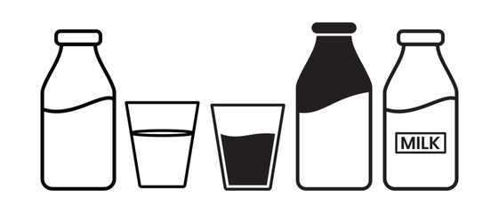 Milk bottle vector icon with glass. Line icon of milk bottle silhouette. Glass and bottle sign and symbol vector illustration.