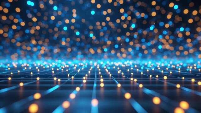 Science fiction background featuring glowing particles with depth of field and bokeh, particles forming lines and abstract surface grids, Ai rendering V3 blue