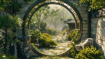 Chinese moon gate garden view, close-up, round stone arch with lattice, peaceful natural palette