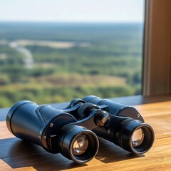 old binoculars on wooden background