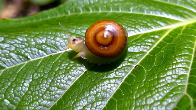 Small brown garden snail crawling on a vibrant green leaf in detailed close up, showcasing its shell and antennae exploring the environment.
