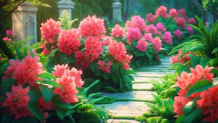 Fototapeta premium Lively pink azalea flowers paired with rich green leaves in a garden environment, great for ornamental design