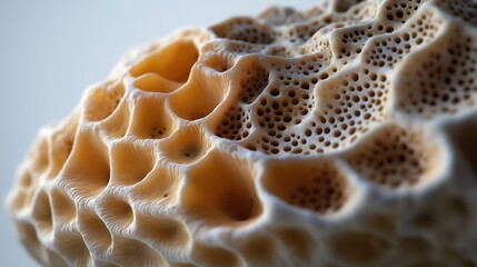 A macro shot of a coral fragment, highlighting its porous, honeycomb-like structure.