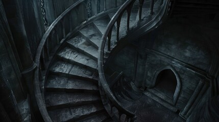 Gothic spiral stairwell interior, close-up, dramatic shadows and stone, vertical twist, medieval mood