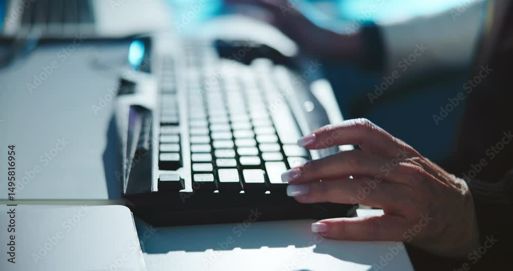 Poster keyboard, typing and hands of businesswoman in office at night working on company investment account