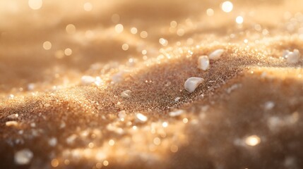 A macro shot of fine beach sand with tiny seashell fragments mixed in.