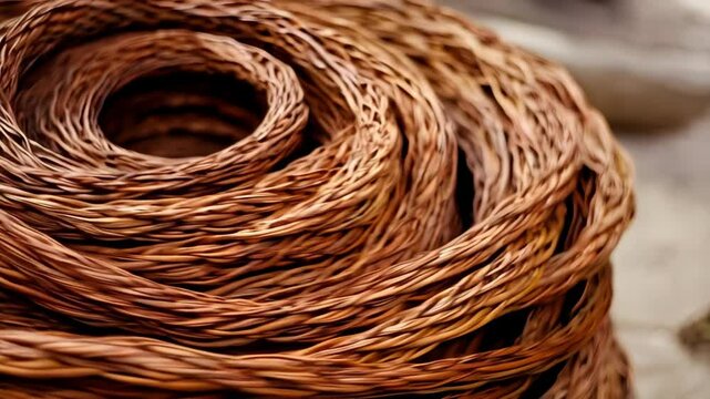 Detailed close-up of coiled brown wicker, showing intricate woven patterns and texture, creating a natural, organic spiral design element.