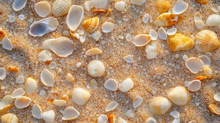 A macro shot of fine beach sand with tiny seashell fragments mixed in.