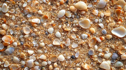 A macro shot of fine beach sand with tiny seashell fragments mixed in.