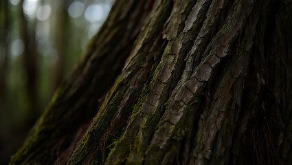 Obraz premium A rough, moss-covered tree trunk displays the intricate bark patterns of an old forest pine