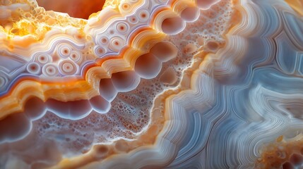 A macro shot of polished agate, capturing its swirling natural patterns and vibrant colors.