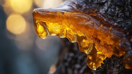 A macro shot of tree sap oozing from bark, capturing its glossy amber texture.