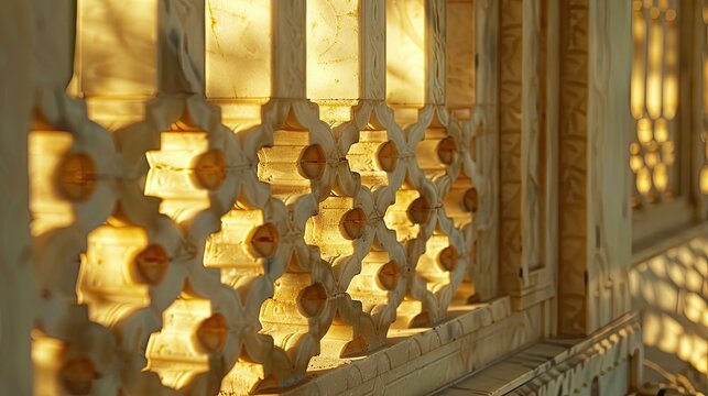 Indian Rajput jharokha carving, close-up, delicate stone lattice in sandstone gold, ornate sunlight play