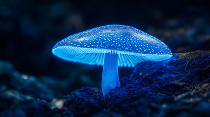 An extreme close-up of a bioluminescent mushroom glowing in the dark.