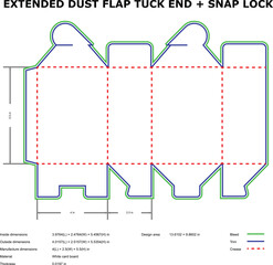 Extended dust flap tuck end snap lock box diecut template