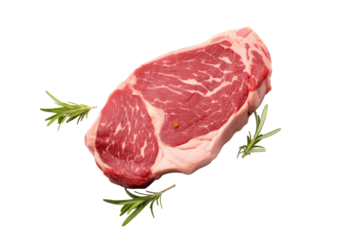 Raw rib eye steak rosemary garnish isolated on a white background