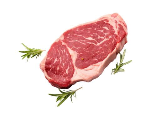 Raw rib eye steak rosemary garnish isolated on a white background