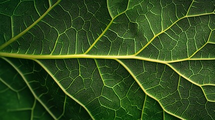 An extreme close-up of a vibrant green leaf, showcasing intricate vein patterns.