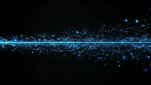 Dynamic cosmic light burst with sparkling particle waves on dark background