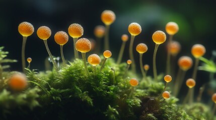 An extreme close-up of moss spores, showing their tiny capsules in vivid detail.