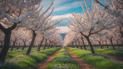 Obraz premium Nearby flowering cherry grove