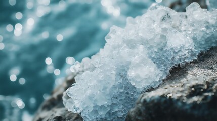 An extreme close-up of salt crystals forming on a rock by the ocean.