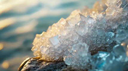 An extreme close-up of salt crystals forming on a rock by the ocean.