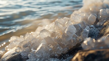 An extreme close-up of salt crystals forming on a rock by the ocean.