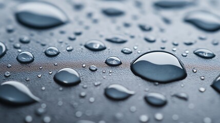 An extreme close-up of water droplets resting on a smooth surface, reflecting light.