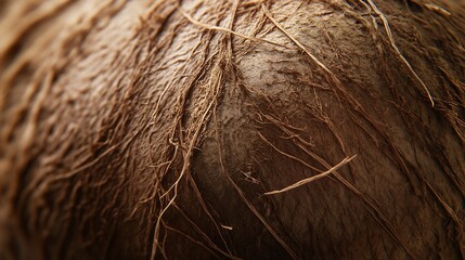 An extreme macro of a coconut husk, highlighting its rough fibrous texture.
