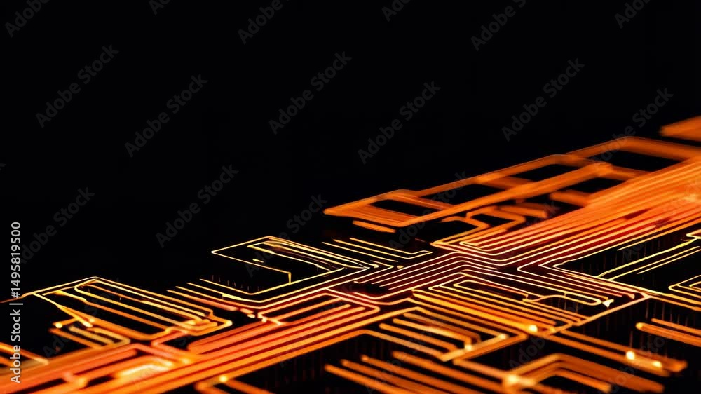 Poster glowing circuit board pattern with orange light on dark surface, digital technology component for el