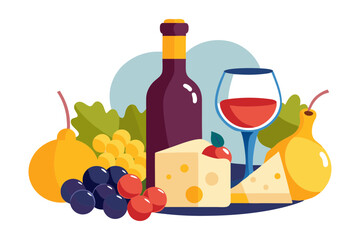 Vintage wine still life with cheese and grapes