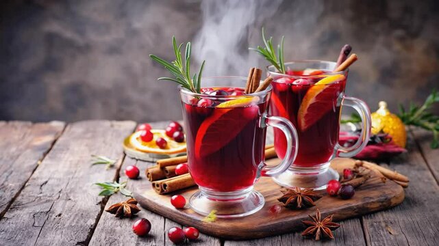 Christmas mulled wine with cranberry, orange, cinnamon, anise and rosemary	