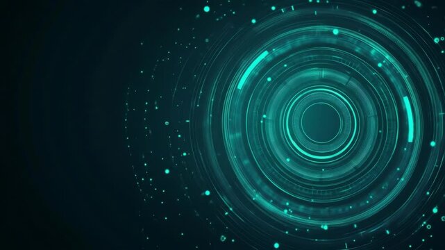 Futuristic digital interface with rotating neon blue circles and data particles animation