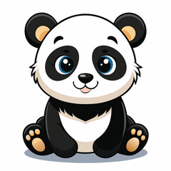 A fluffy baby panda with black eye patches sits comfortably  with white background.