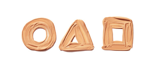 Creamy geometric symbols on white background circle triangle square shapes in smooth texture.